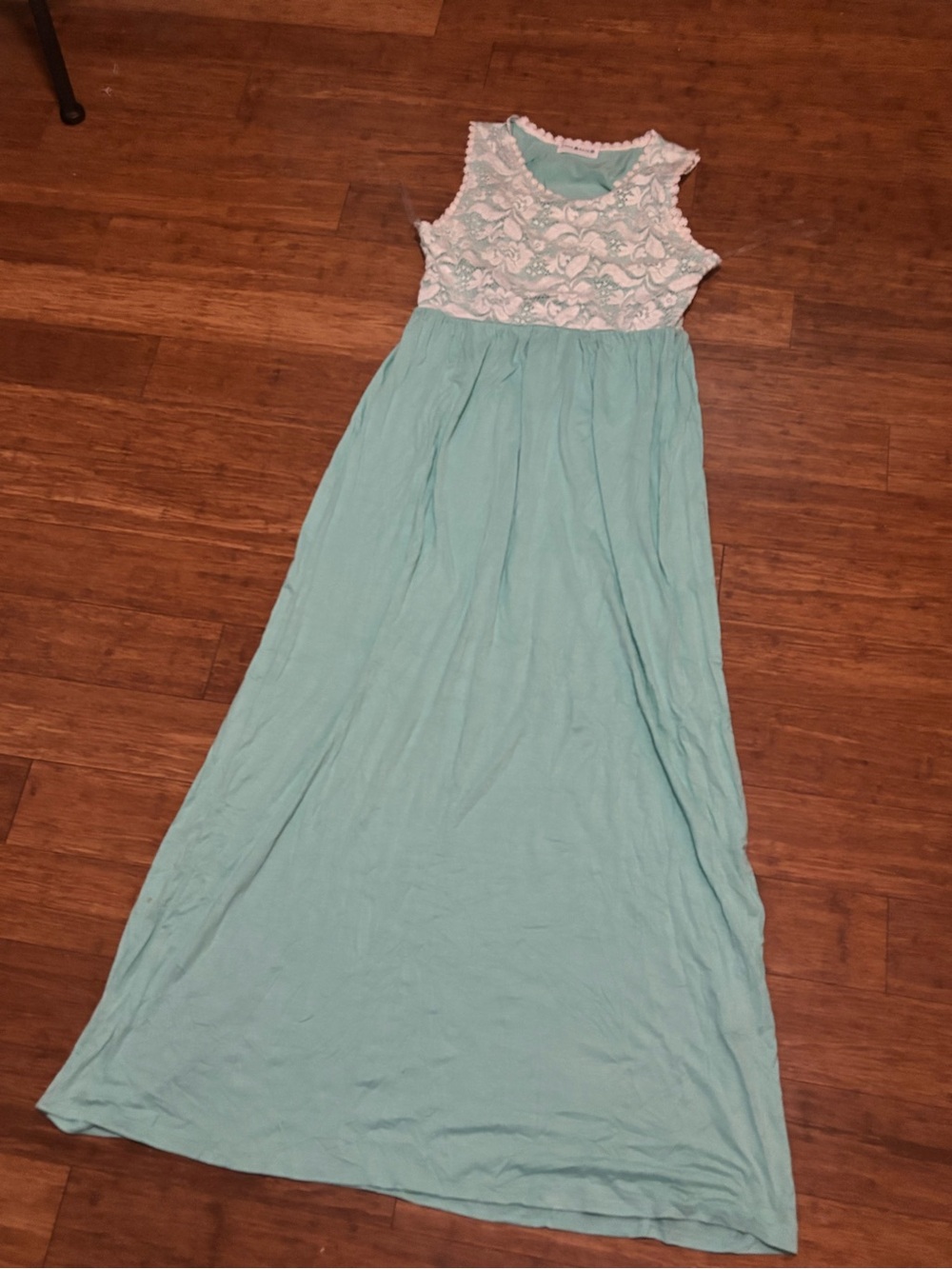 Sleeveless Aqua Maxi Dress with White Lace Bodice